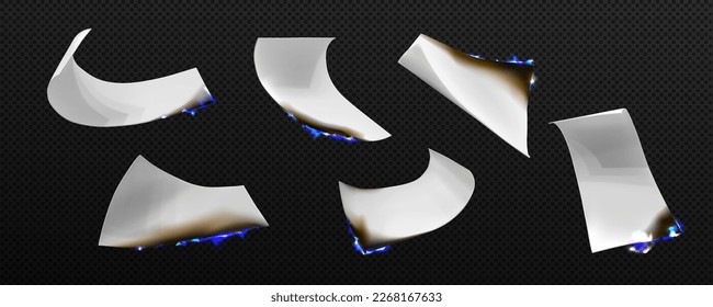 Burning paper sheets with blue fire and black scorched edges fly in air. Blank white pages with magic flame falling down, vector realistic illustration isolated on transparent background