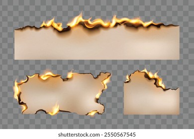 Burning paper sheets set isolated on transparent background. Vector realistic illustration of fire on damaged edge of ancient document, smoldering letter, destroyed antique parchment, sparks and smoke