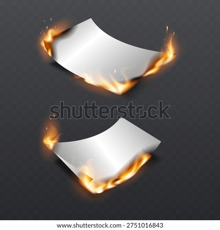 Burning paper sheets set with realistic fire flames, glowing embers and smoke effect.