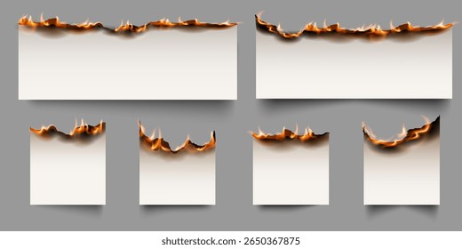 Burning paper vector realistic illustrations set. Ablaze paper side sheet, torn paper pieces with fire flame, flaming page scrap with charred burnt edge. Scorched and smoldering frame