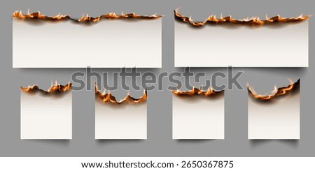 Burning paper vector realistic illustrations set. Ablaze paper side sheet, torn paper pieces with fire flame, flaming page scrap with charred burnt edge. Scorched and smoldering frame