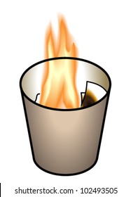 Burning Paper In A Waste Bin.