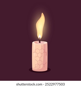 Burning paraffin candle illustration in cartoon style. Small cylinder candlestick with flame for home decor, holiday, birthday, Christmas designs. Vector isolated on a dark background