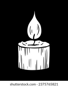 Burning paraffin candle. A spark of flame. Aromatic accessory for home, spa salon. Black and white vector illustration. Sketch hand drawn line