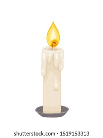 Burning paraffin candle. Vector icon of fire on cadle with wax drips isolated on white background