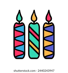 Burning Party decorative candles, birthday symbol. Simple style festive burning decorative candles for design of children entertainment center. Color stroke icon isolated on white background