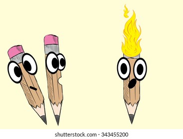 The burning pencil and two scared pencils