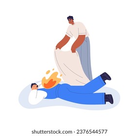 Burning person in fire. First aid, help in ignition, inflammation emergency, flame danger. Man rescuing, saving life, covering human with tissue. Flat vector illustration isolated on white background