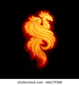 Burning phoenix. Hot orange fire bird flames and sparkles on the black background. Abstract symbol of life, recharging of energy and wild freedom. Magic tribal sign for posters and fashion prints.