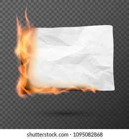 Burning piece of crumpled paper. crumpled empty paper blank. Creased paper texture in fire. Vector illustration isolated on transparent background