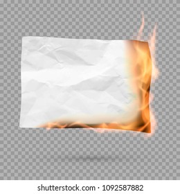 Burning piece of paper with copy space. crumpled paper blank. Vector illustration isolated on transparent background