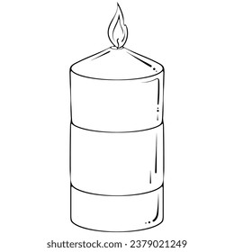 Burning pillar candle. Spa aromatherapy candle. Close up simple design element. Vector illustrations in hand drawn sketch style isolated on white. Black outline graphic for print, coloring book