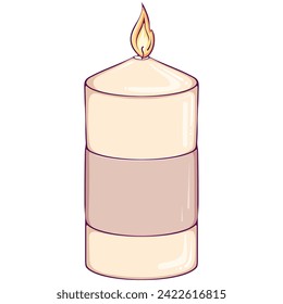 Burning pillar candle. Spa aromatherapy candle. Vector color illustrations in hand drawn style isolated on white. Close up aromatherapy simple design element with flame for cozy home