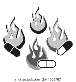 Burning pills icon set. Vector illustration. EPS 10.