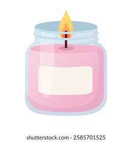 Burning pink candle in glass jar in cartoon flat style. Design elements for home decor, Valentines Day, wedding, bachelorette party.