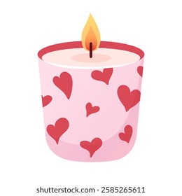 Burning pink candle in jar with red hearts in cartoon flat style. Romantic pink candle for Valentines Day, wedding, bachelorette party, home decor.