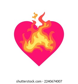 Burning pink comic heart flat vector illustration. Cartoon drawing of heart with fire or flames on white background. Love, passion, emotions concept