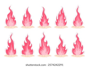 Burning pink fire vector set isolated on white. Collection of flat magic bonfires various shapes of flame. Hand drawn illustration for sticker, clip art, web design. 