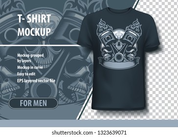 Burning pistons with three skulls behind. Fully editable T-Shirt template.