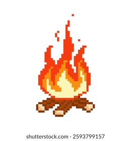 Burning pixel bonfire. Fire has flared up with warm atmosphere of picnic and relaxation after hiking trip