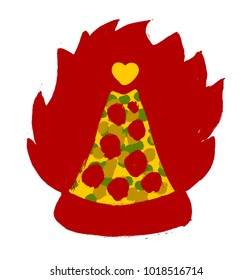 Burning pizza slice vector icon in grunge style