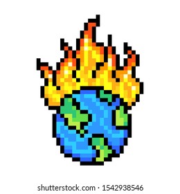 Burning planet Earth, 8 bit pixel art icon isolated on white background. Old school vintage retro 80s, 90s slot machine/video game graphics. Ecology poster. Global warming concept.Nature care campaign