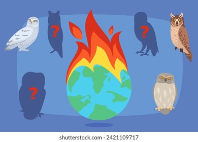 Burning planet with endangered bird species vector illustration. Destruction of some birds. Birds silhouettes with question marks. Environment, ecology, biodiversity crisis concept