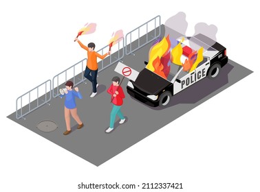 Burning police car, activists with flaming torches, placard, megaphone, flat vector isometric illustration. Protest action. Violent public disturbance, civil unrest, street riot.