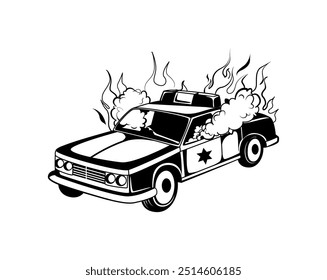 A burning police car with smoke rising from its engine. Flames cover the vehicle, creating a sense of chaos and destruction. The police car is illustrated in monochrome style. Vector illustration