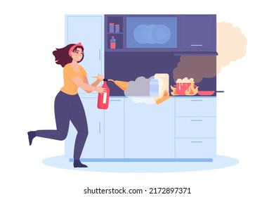 Burning pot and woman with fire extinguisher in kitchen. Accident at home, female character extinguishing stove flat vector illustration. Protection, prevention, fire safety concept for banner