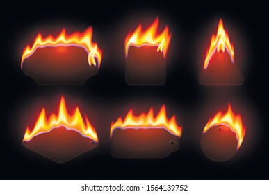 Burning price tags realistic vector illustration set. Blank promo stickers on fire, melting shopping labels, badges with text space. Hot sale, special marketing offer design elements pack