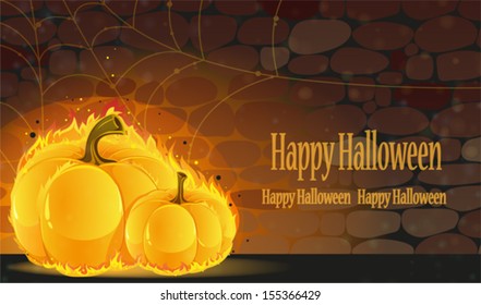 Burning pumpkins in a dark stone dungeon. Halloween background