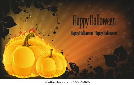 Burning pumpkins on abstract background with leaves and flowers. 