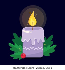 Burning purple candle. Christmas candle with green leaves and berries. New year. Vector illustration.