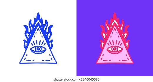 Burning pyramid with one eye symbol, illustration for logo, t-shirt, sticker, or apparel merchandise. With doodle, retro, groovy, and cartoon style.