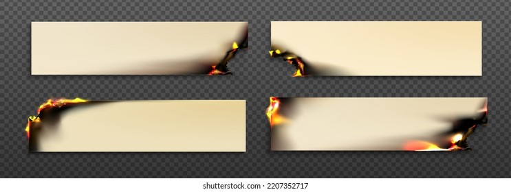 Quemando hojas de papel rectangulares. Viejas notas o pegatinas con fuego aislado en fondo transparente. Etiquetas de papel moldeado con llama y cenizas negras en el borde, conjunto vectorial realista