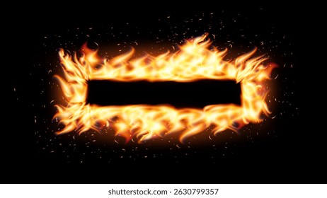 Burning rectangular fire frame with glowing flames and sparks on black background. Ideal for dramatic banners, warning signs, energetic promo visuals. Vector illustration.