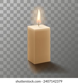 Burning rectangular wax candle. isolated on transparent background. Mockup, Realistic 3d vector illustration. Calming candle. Natural essential candle. Aromatherapy, wellness and relax in spa product.