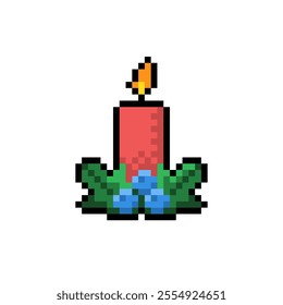 Burning red candle with holly leaves and blue berries pixel icon isolated on white background. Christmas symbol in 16-bit old style. Vector illustration of New Year elements.