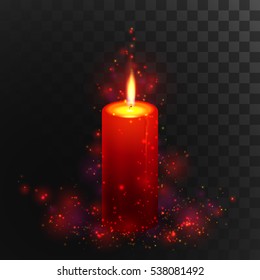 Burning red candle with lighting on dark transparent background. Christmas decorations, xmas decorative elements. Vector illustration.