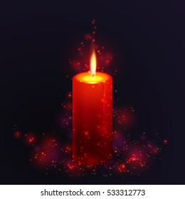 Burning red candle on dark background. Christmas, xmas decorative elements. Vector illustration.