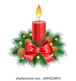 Burning red candle, spruce branches, cones, red bow, holiday vector illustration on white background, template for Christmas and New Year card, poster, banner.