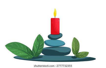 A burning red candle and a stack of Zen balancing stones surrounded by tropical leaves. Concept for wellness, relaxation, and aromatherapy.