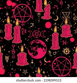 Burning red candles and magical symbols. Seamless vector illustration