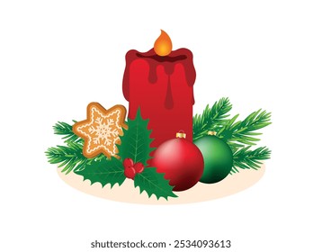 Burning red Christmas candle with baubles, spruce branch and gingerbread vector illustration. Christmas decoration with candle, balls and holly vector isolated on a white background