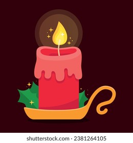 Burning red Christmas candle in candlestick. Green holly leaves, small gold stars. Vector illustration. New year. 