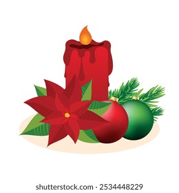 Vela de Natal vermelha e Poinsettia ilustração vetor de flor estrela de Natal. Decoração de Natal com vela, poinsettia, bolas e abeto vetor ramo isolado em um fundo branco