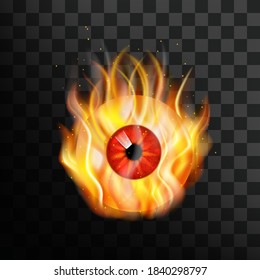 Burning red eye, inflammation of eyeball, fire and flames, dryness and burning on black background.