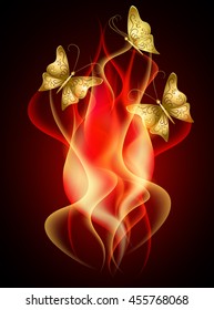 Burning red flame with decorative smoke and flying butterflies