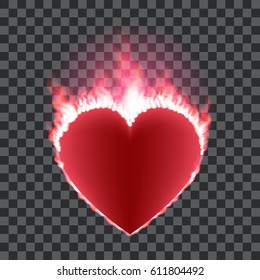 Burning red heart isolated on transparent background. Heart shape surrounded with transparent fire and red glow. Vector illustration for logos, cards, print products or other design.